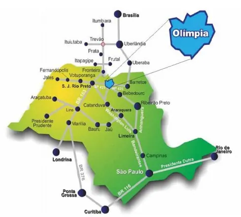 Mapa do estado de São Paulo com a localização de Olímpia